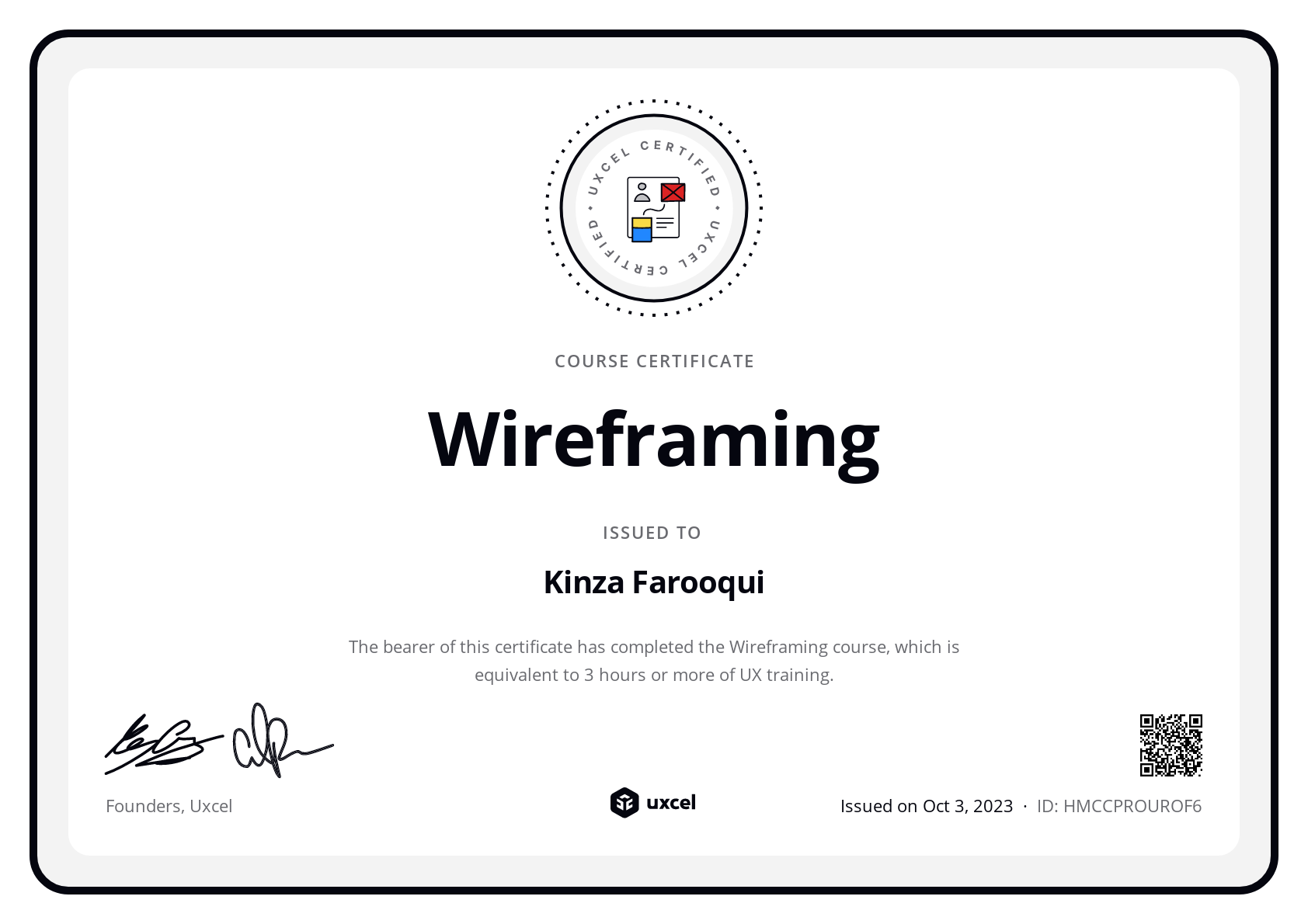 Kinza Farooqui's certificate